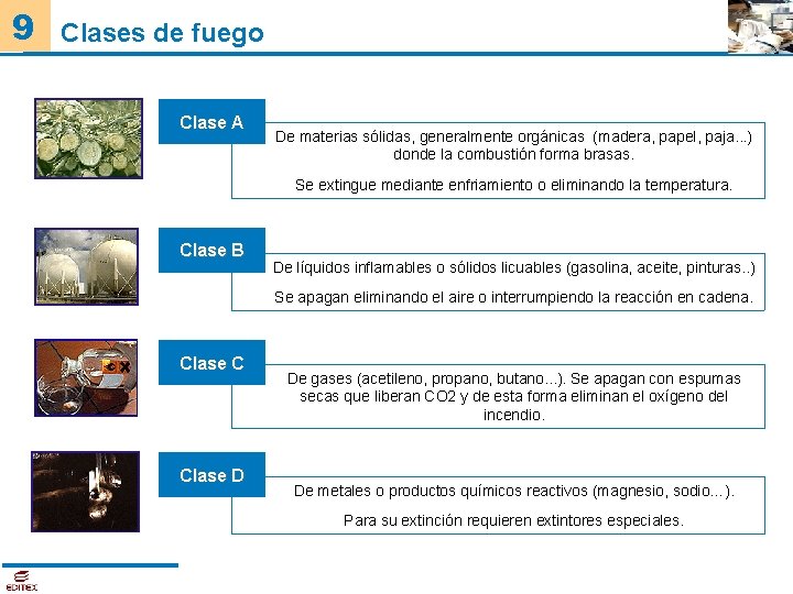 9 Clases de fuego Clase A De materias sólidas, generalmente orgánicas (madera, papel, paja.