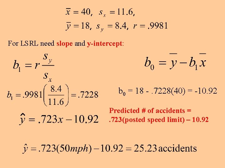 For LSRL need slope and y-intercept: b 0 = 18 -. 7228(40) = -10.