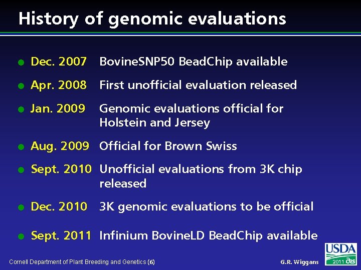 History of genomic evaluations l Dec. 2007 Bovine. SNP 50 Bead. Chip available l