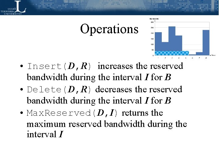 Operations • Insert(D, R) increases the reserved bandwidth during the interval I for B Operations • Insert(D, R) increases the reserved bandwidth during the interval I for B