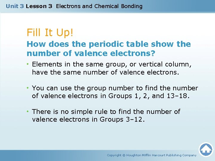 Unit 3 Lesson 3 Electrons and Chemical Bonding Fill It Up! How does the