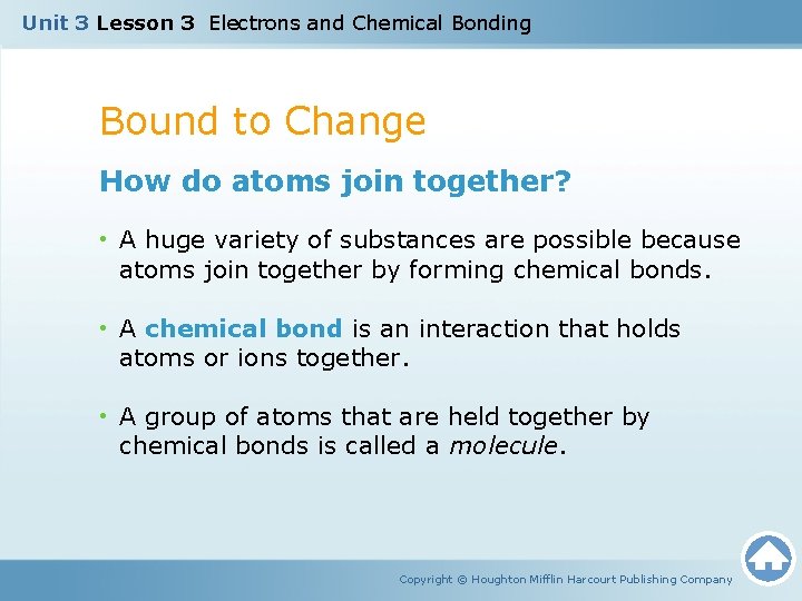 Unit 3 Lesson 3 Electrons and Chemical Bonding Bound to Change How do atoms