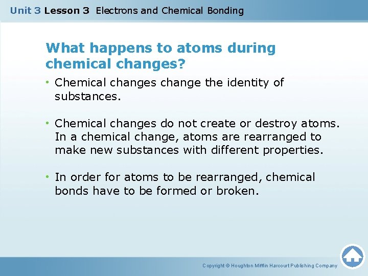 Unit 3 Lesson 3 Electrons and Chemical Bonding What happens to atoms during chemical