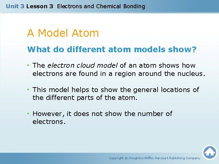 Unit 3 Lesson 3 Electrons and Chemical Bonding A Model Atom What do different
