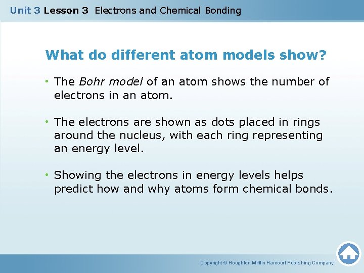 Unit 3 Lesson 3 Electrons and Chemical Bonding What do different atom models show?