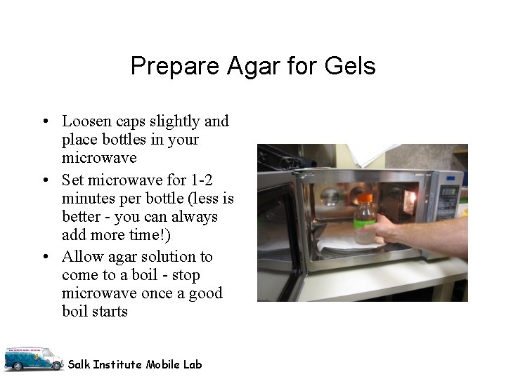 Prepare Agar for Gels • Loosen caps slightly and place bottles in your microwave