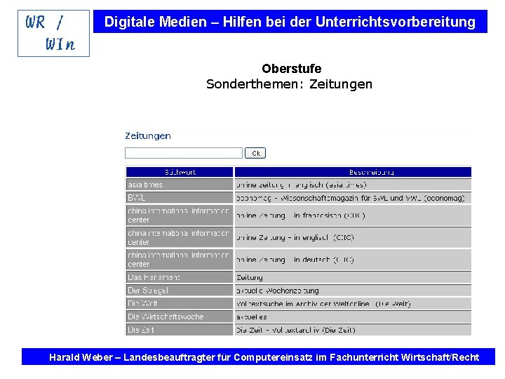 Digitale Medien – Hilfen bei der Unterrichtsvorbereitung Oberstufe Sonderthemen: Zeitungen Internet und Software Hilfen