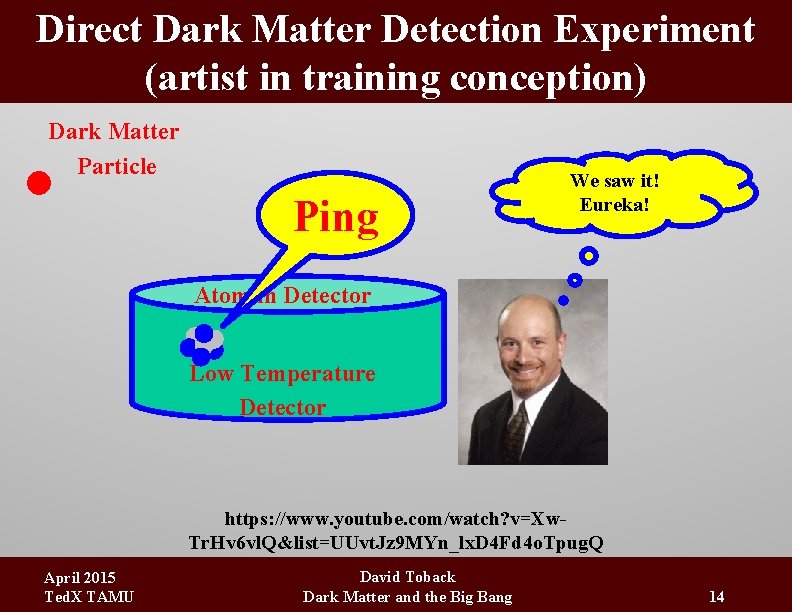 Direct Dark Matter Detection Experiment (artist in training conception) Dark Matter Particle Ping We