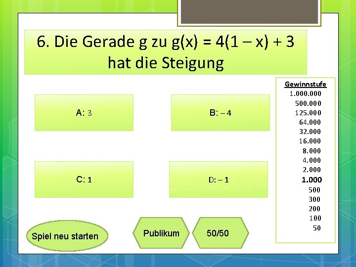 6. Die Gerade g zu g(x) = 4(1 – x) + 3 hat die