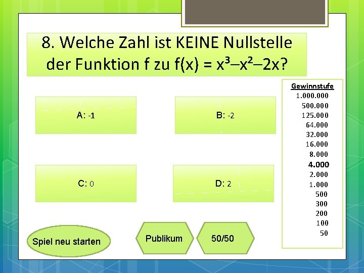 8. Welche Zahl ist KEINE Nullstelle der Funktion f zu f(x) = x³–x²– 2