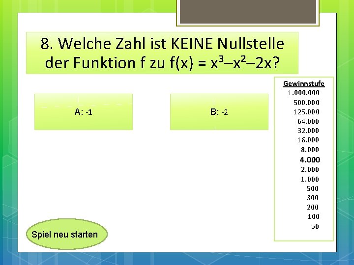 8. Welche Zahl ist KEINE Nullstelle der Funktion f zu f(x) = x³–x²– 2