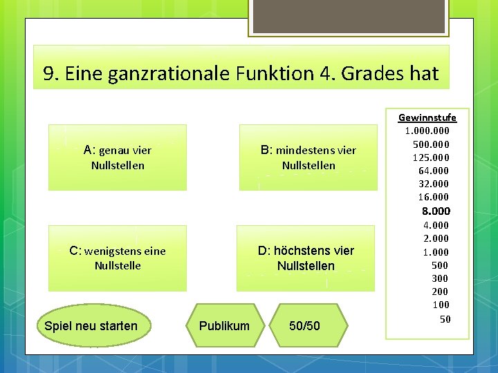 9. Eine ganzrationale Funktion 4. Grades hat A: genau vier Nullstellen B: mindestens vier