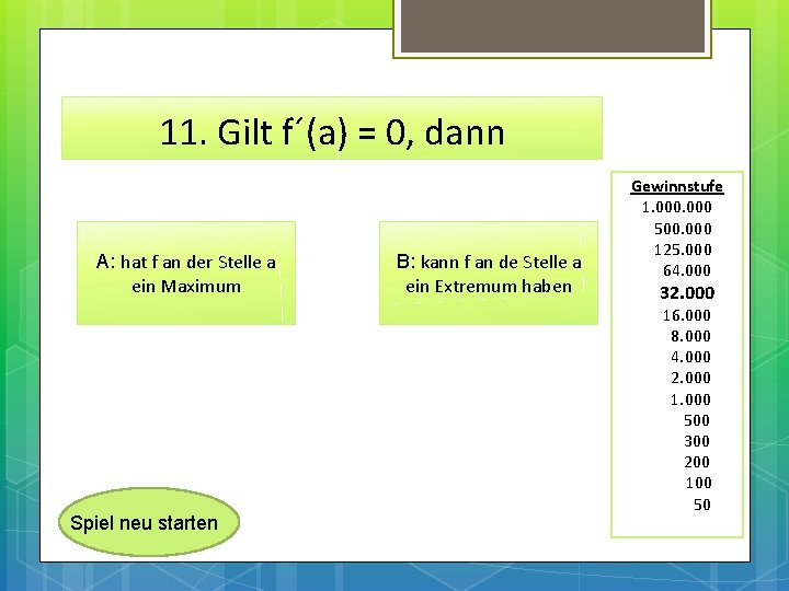 11. Gilt f´(a) = 0, dann A: hat f an der Stelle a ein