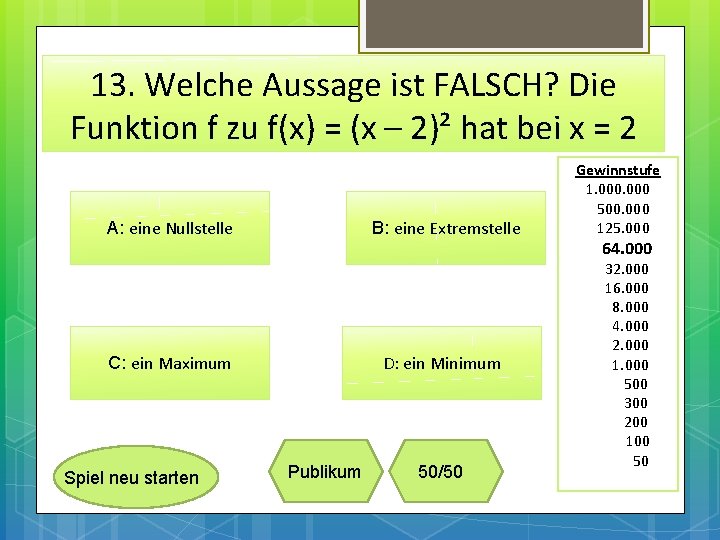 13. Welche Aussage ist FALSCH? Die Funktion f zu f(x) = (x – 2)²