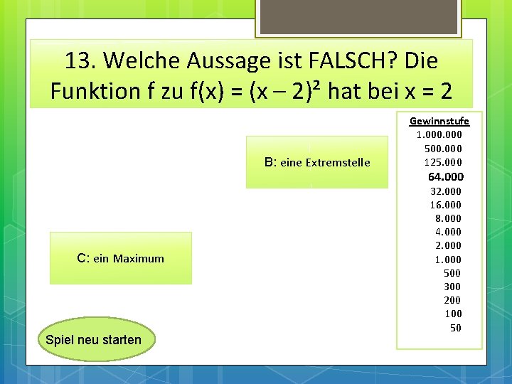 13. Welche Aussage ist FALSCH? Die Funktion f zu f(x) = (x – 2)²