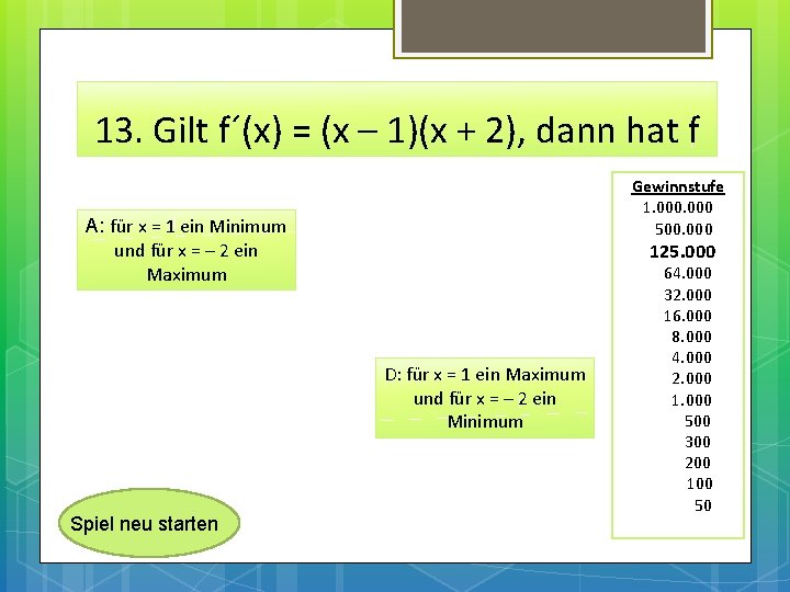 13. Gilt f´(x) = (x – 1)(x + 2), dann hat f Gewinnstufe 1.