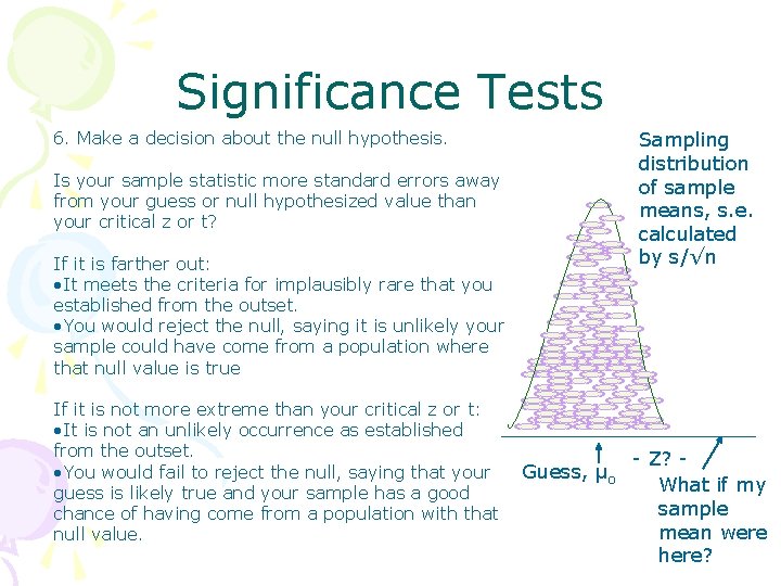 Significance Tests Sampling distribution of sample means, s. e. calculated by s/√n 6. Make