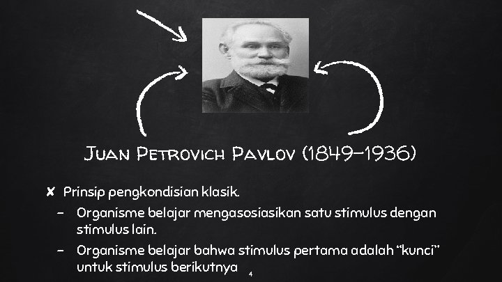 Juan Petrovich Pavlov (1849 -1936) ✘ Prinsip pengkondisian klasik. - Organisme belajar mengasosiasikan satu