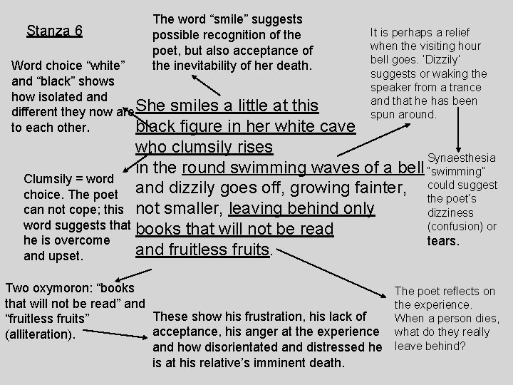 Stanza 6 The word “smile” suggests possible recognition of the poet, but also acceptance