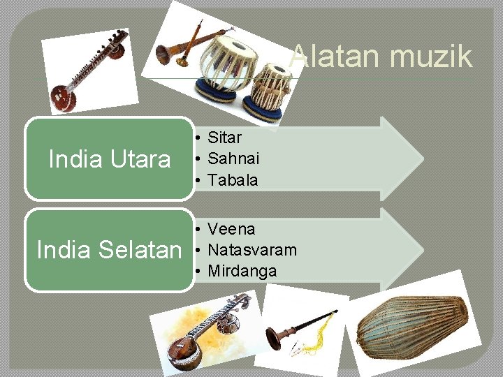 Alatan muzik India Utara India Selatan • Sitar • Sahnai • Tabala • Veena