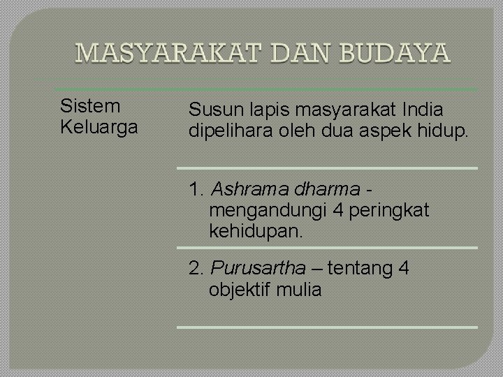 Sistem Keluarga Susun lapis masyarakat India dipelihara oleh dua aspek hidup. 1. Ashrama dharma