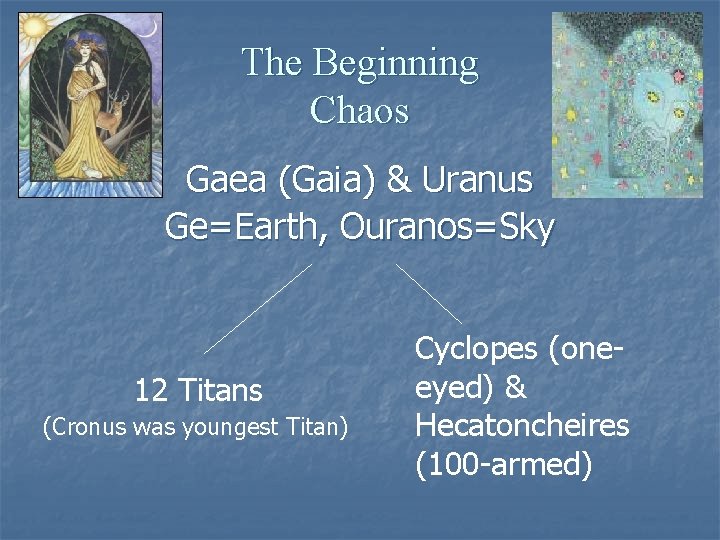 The Beginning Chaos Gaea (Gaia) & Uranus Ge=Earth, Ouranos=Sky 12 Titans (Cronus was youngest The Beginning Chaos Gaea (Gaia) & Uranus Ge=Earth, Ouranos=Sky 12 Titans (Cronus was youngest