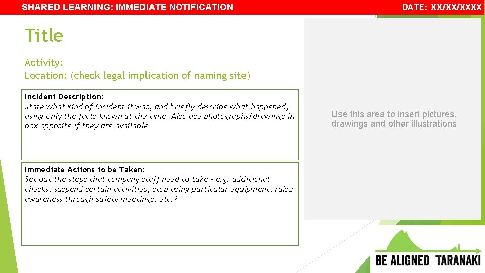 SHARED LEARNING: IMMEDIATE NOTIFICATION DATE: XX/XX/XXXX Title Activity: Location: (check legal implication of naming