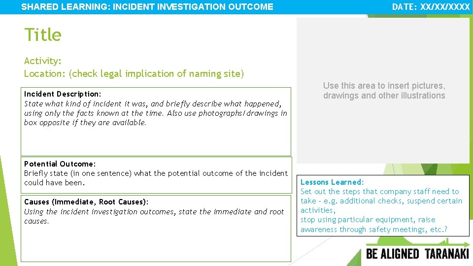 SHARED LEARNING: INCIDENT INVESTIGATION OUTCOME DATE: XX/XX/XXXX Title Activity: Location: (check legal implication of