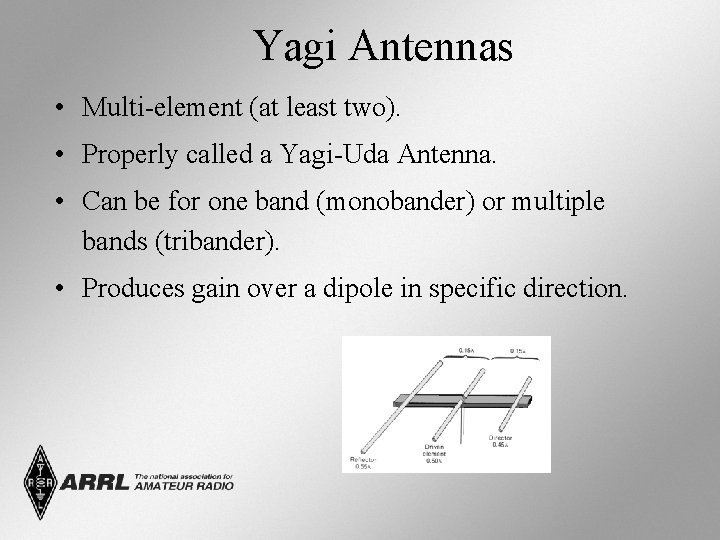 Yagi Antennas • Multi-element (at least two). • Properly called a Yagi-Uda Antenna. •