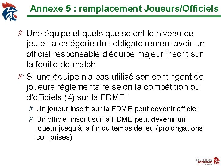 Annexe 5 : remplacement Joueurs/Officiels Une équipe et quels que soient le niveau de