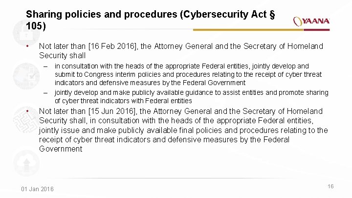 Sharing policies and procedures (Cybersecurity Act § 105) • Not later than [16 Feb