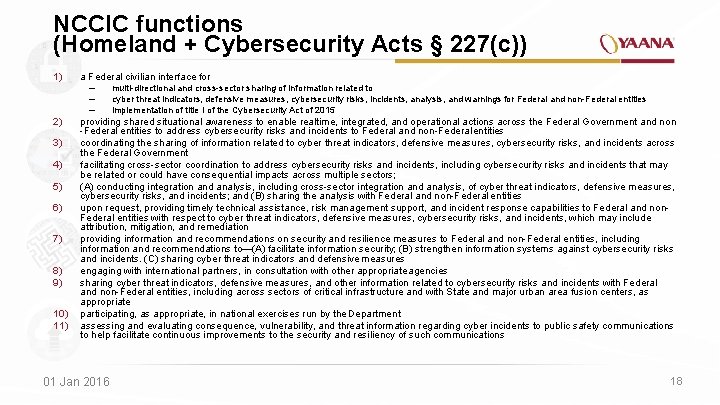 NCCIC functions (Homeland + Cybersecurity Acts § 227(c)) 1) a Federal civilian interface for