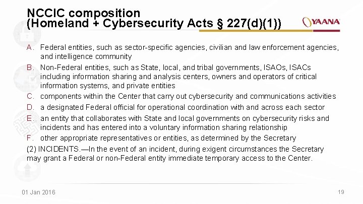NCCIC composition (Homeland + Cybersecurity Acts § 227(d)(1)) A. Federal entities, such as sector-specific