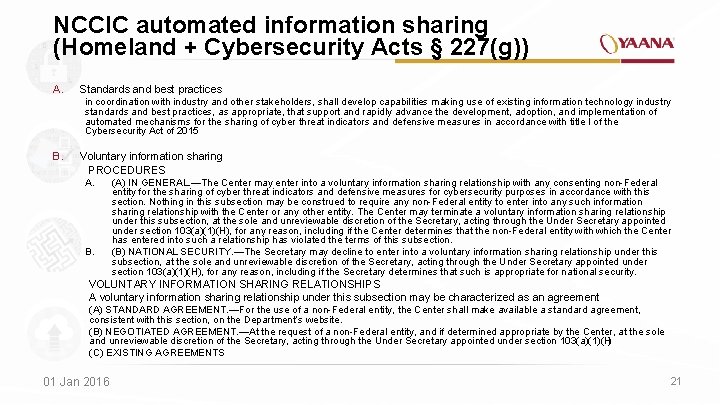 NCCIC automated information sharing (Homeland + Cybersecurity Acts § 227(g)) A. Standards and best