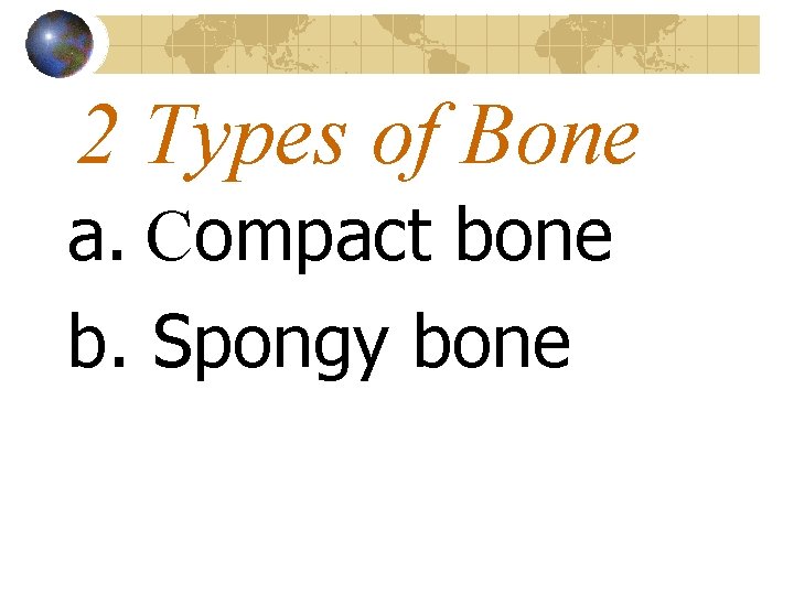 2 Types of Bone a. Compact bone b. Spongy bone 