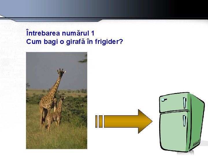 Întrebarea numărul 1 Cum bagi o girafă în frigider? 