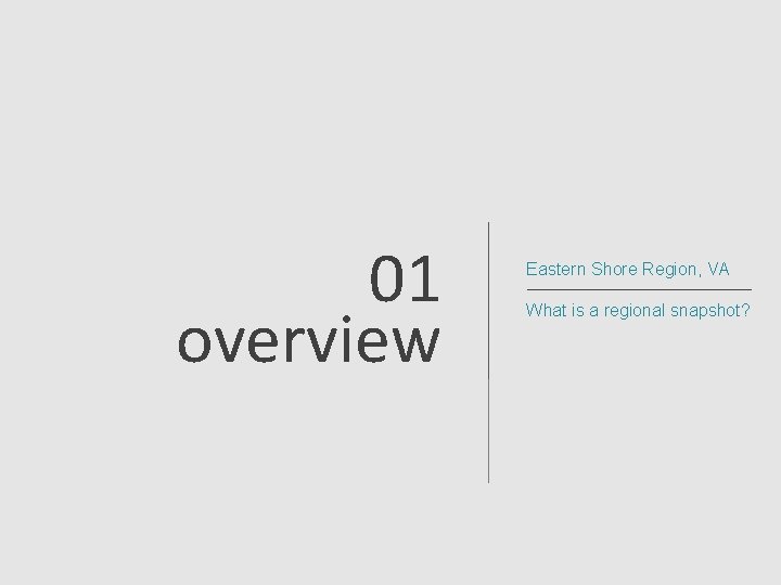 01 overview Eastern Shore Region, VA What is a regional snapshot? 