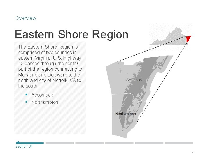 Overview Eastern Shore Region The Eastern Shore Region is comprised of two counties in