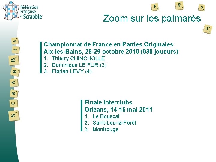 Zoom sur les palmarès Championnat de France en Parties Originales Aix-les-Bains, 28 -29 octobre