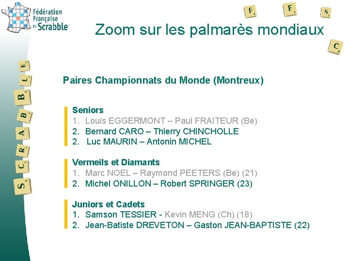 Zoom sur les palmarès mondiaux Paires Championnats du Monde (Montreux) Seniors 1. Louis EGGERMONT