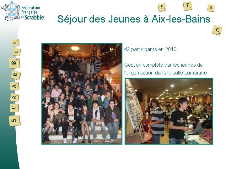 Séjour des Jeunes à Aix-les-Bains 42 participants en 2010 Gestion complète par les jeunes