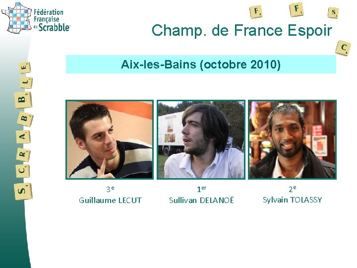 Champ. de France Espoir Aix-les-Bains (octobre 2010) 3 e Guillaume LECUT 1 er Sullivan