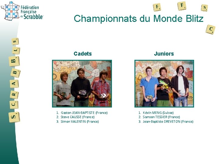 Championnats du Monde Blitz Cadets 1. Gaston JEAN-BAPTISTE (France) 2. Steve CAUSSE (France) 3.