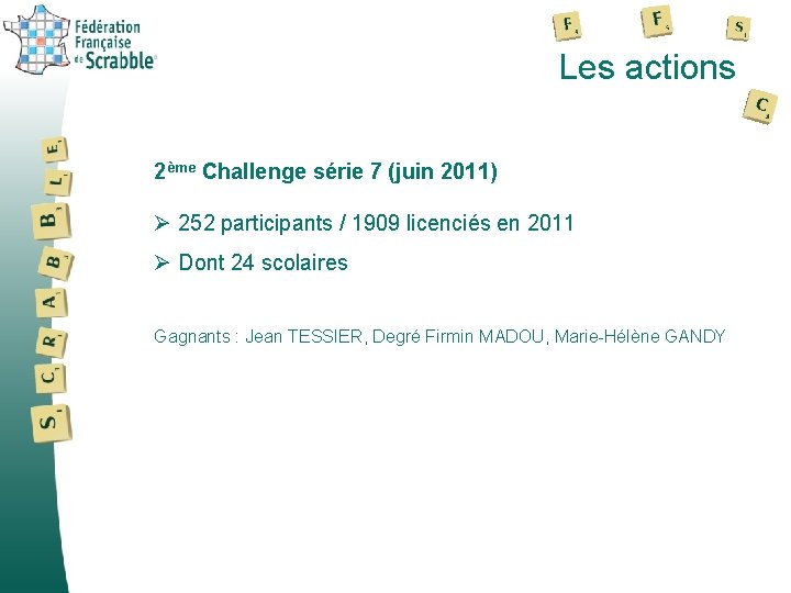 Les actions 2ème Challenge série 7 (juin 2011) Ø 252 participants / 1909 licenciés