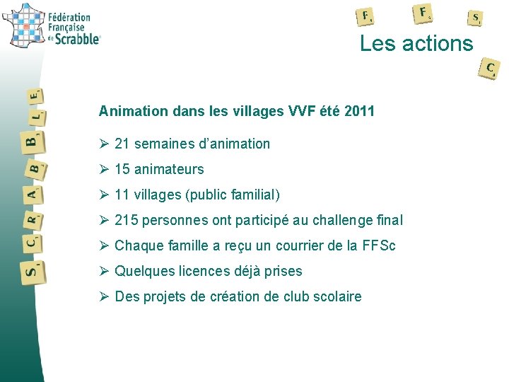 Les actions Animation dans les villages VVF été 2011 Ø 21 semaines d’animation Ø