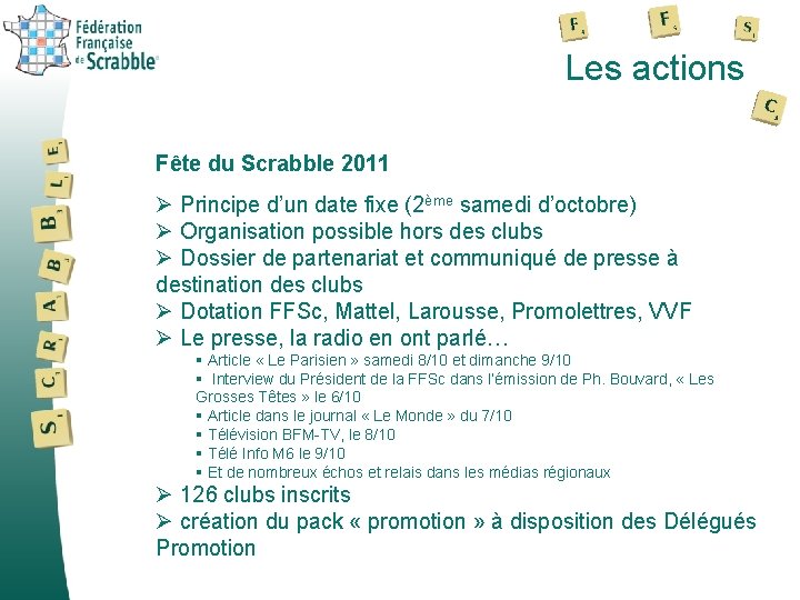 Les actions Fête du Scrabble 2011 Ø Principe d’un date fixe (2ème samedi d’octobre)