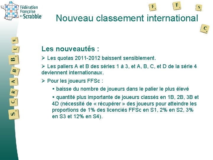 Nouveau classement international Les nouveautés : Ø Les quotas 2011 -2012 baissent sensiblement. Ø