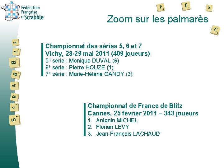 Zoom sur les palmarès Championnat des séries 5, 6 et 7 Vichy, 28 -29