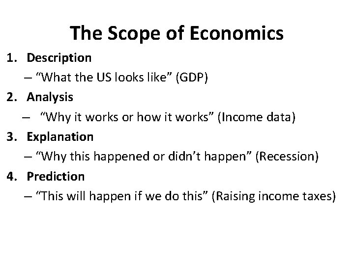 The Scope of Economics 1. Description – “What the US looks like” (GDP) 2.