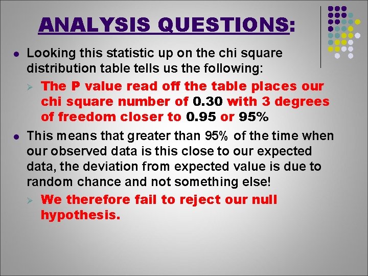 ANALYSIS QUESTIONS: l l Looking this statistic up on the chi square distribution table